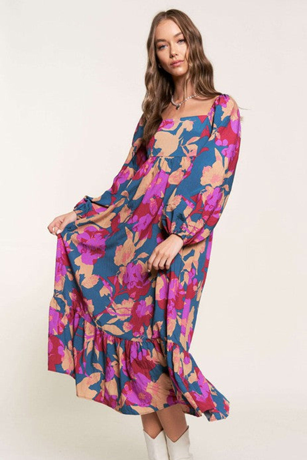 Multicolour floral print square neck ruffled high waist dress by ModestAndDevoted, made of polyester, featuring a feminine floral design.