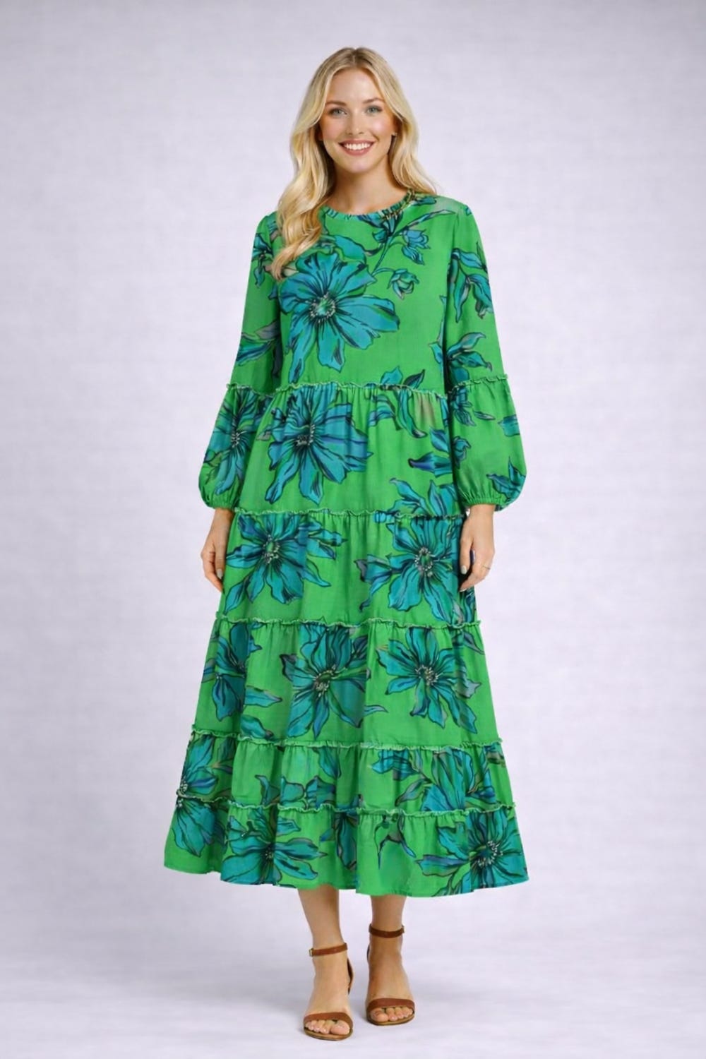 ModestAndDevoted green floral long sleeve tiered maxi dress, elegant modest dress with layered skirt and floral pattern.