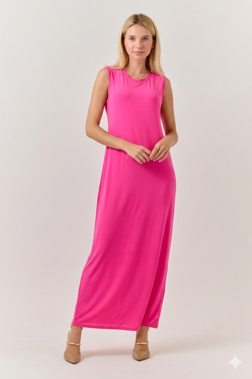 ModestAndDevoted Lux sleeveless maxi dress in denim blue, ideal for layering, shown in assorted colors.
