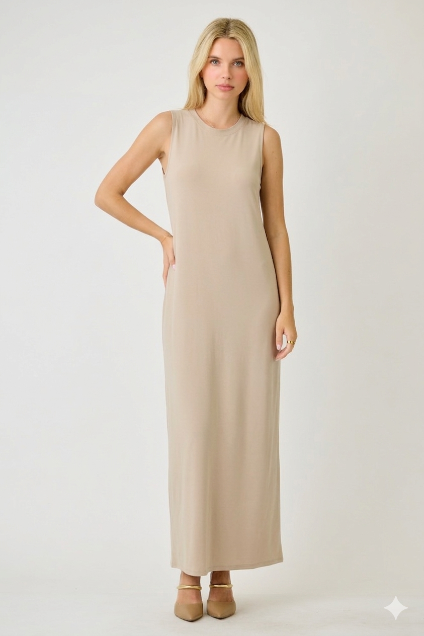 ModestAndDevoted Lux sleeveless maxi dress in denim blue, versatile layering dress in assorted colors, displayed on a hanger.