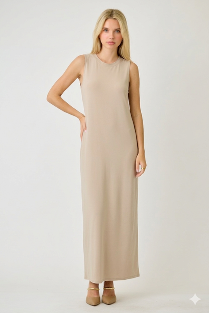 ModestAndDevoted Lux sleeveless maxi dress in denim blue, versatile layering dress in assorted colors, displayed on a hanger.