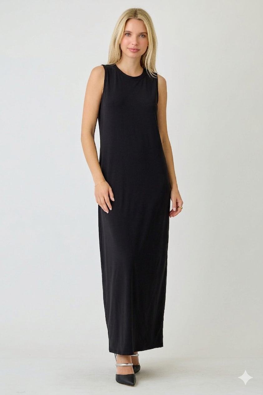 ModestAndDevoted Lux Sleeveless Layering Dress in denim blue, maxi length, available in assorted colors, perfect for stylish layering.