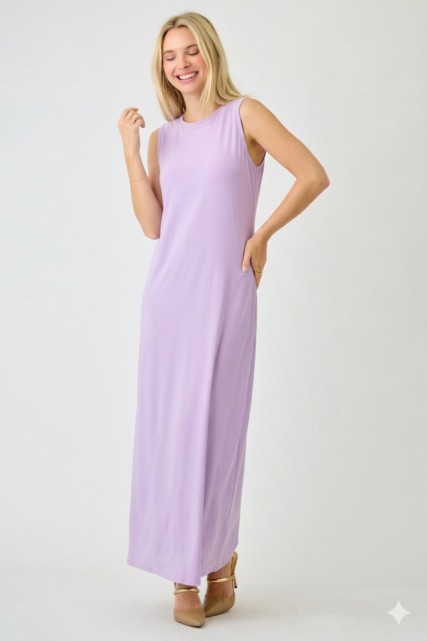 ModestAndDevoted Lux sleeveless maxi dress for layering in assorted colors, denim blue, lightweight and flowy fabric.