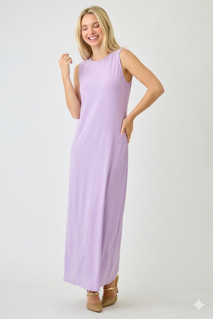 ModestAndDevoted Lux sleeveless maxi dress for layering in assorted colors, denim blue, lightweight and flowy fabric.