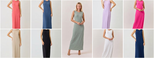 ModestAndDevoted Lux Sleeveless Maxi Dress in denim blue, perfect for layering, shown in assorted colors.