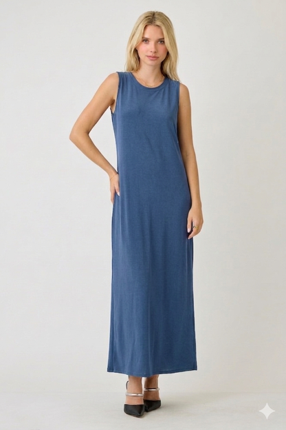 ModestAndDevoted sleeveless layering maxi dress in denim blue with assorted colors, comfortable and stylish for casual wear.