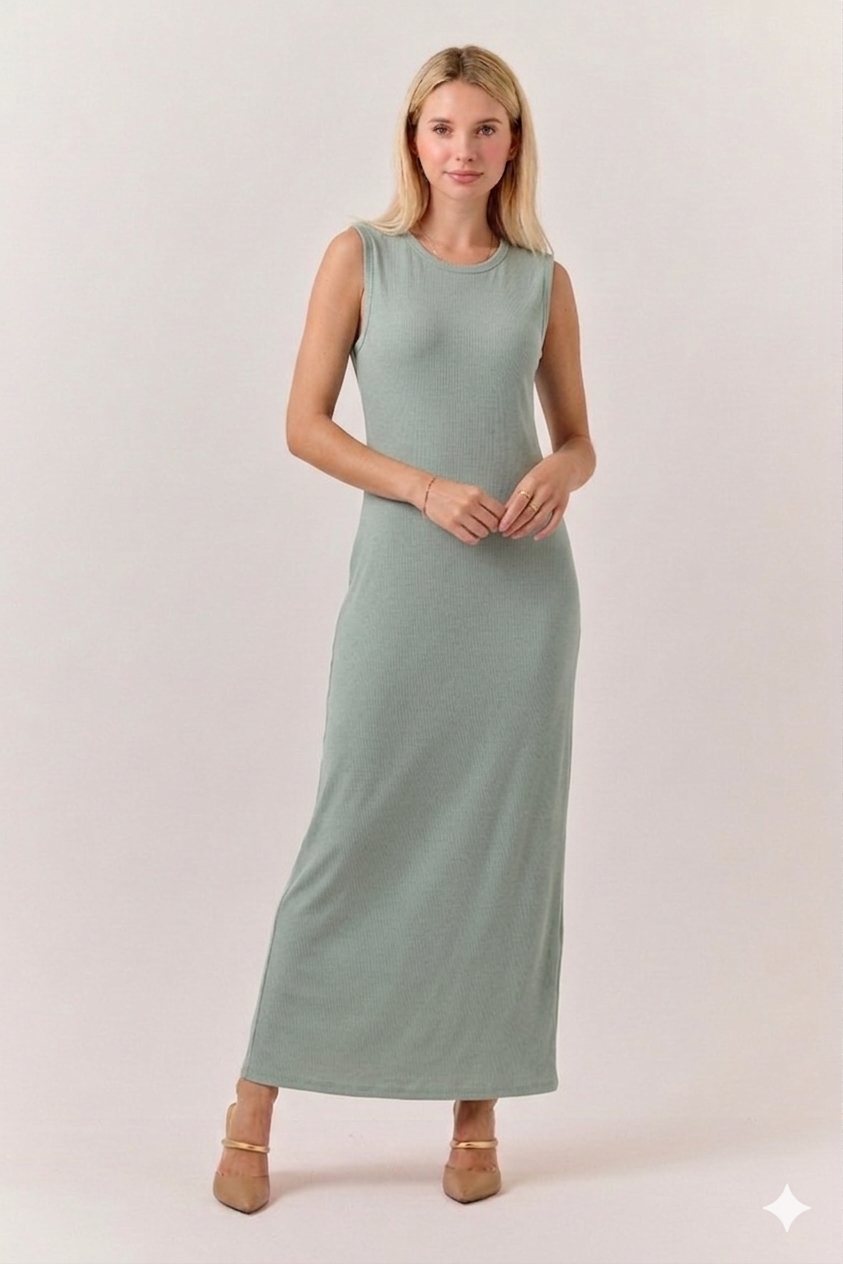 ModestAndDevoted Lux sleeveless layering maxi dress in denim blue, shown in assorted colors, with a flowing, layered design.