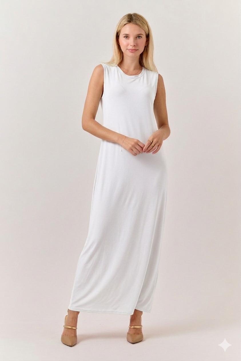 ModestAndDevoted sleeveless layering maxi dress in denim blue, available in assorted colors, displayed on a hanger.