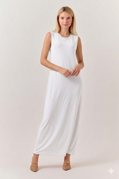 ModestAndDevoted sleeveless layering maxi dress in denim blue, available in assorted colors, displayed on a hanger.