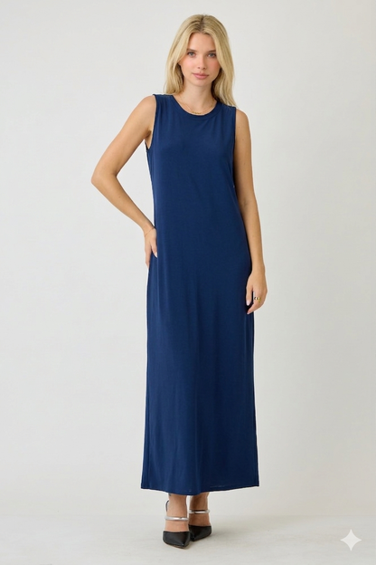 ModestAndDevoted sleeveless layering maxi dress in denim blue, available in assorted colors, styled with a relaxed fit and elegant design.