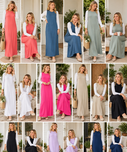 Lux sleeveless layering maxi dress by ModestAndDevoted in assorted colors, featuring a flowy, elegant design perfect for versatile styling.