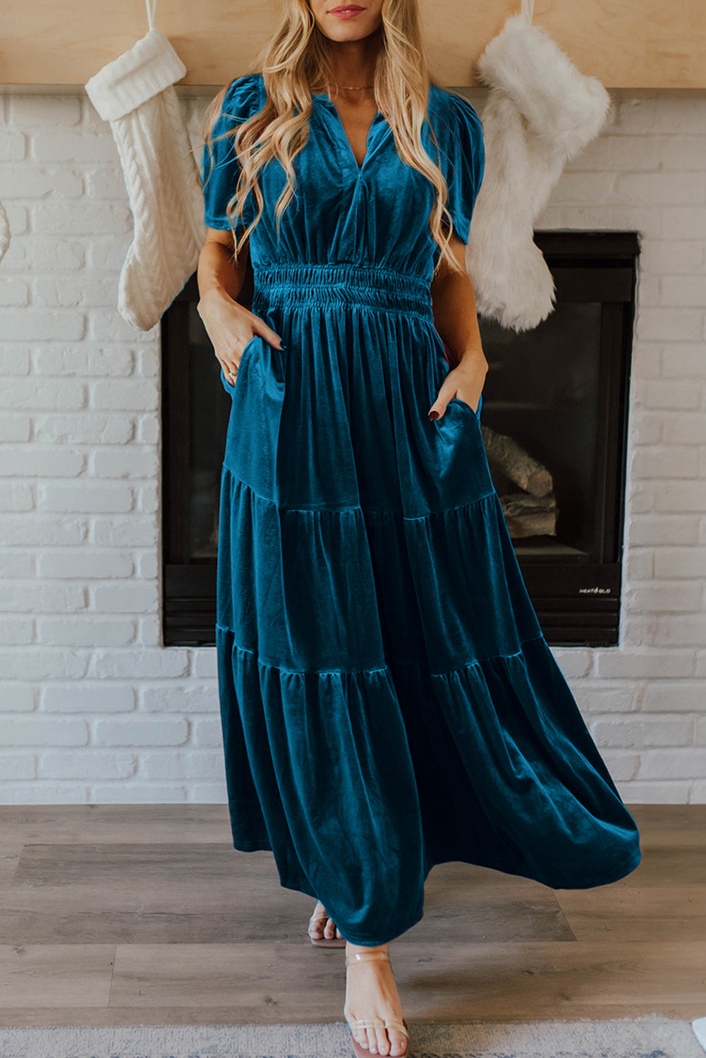 Red Dahlia velvet maxi dress by ModestAndDevoted featuring short sleeves, shirred waist, and tiered skirt, perfect for elegant occasions.