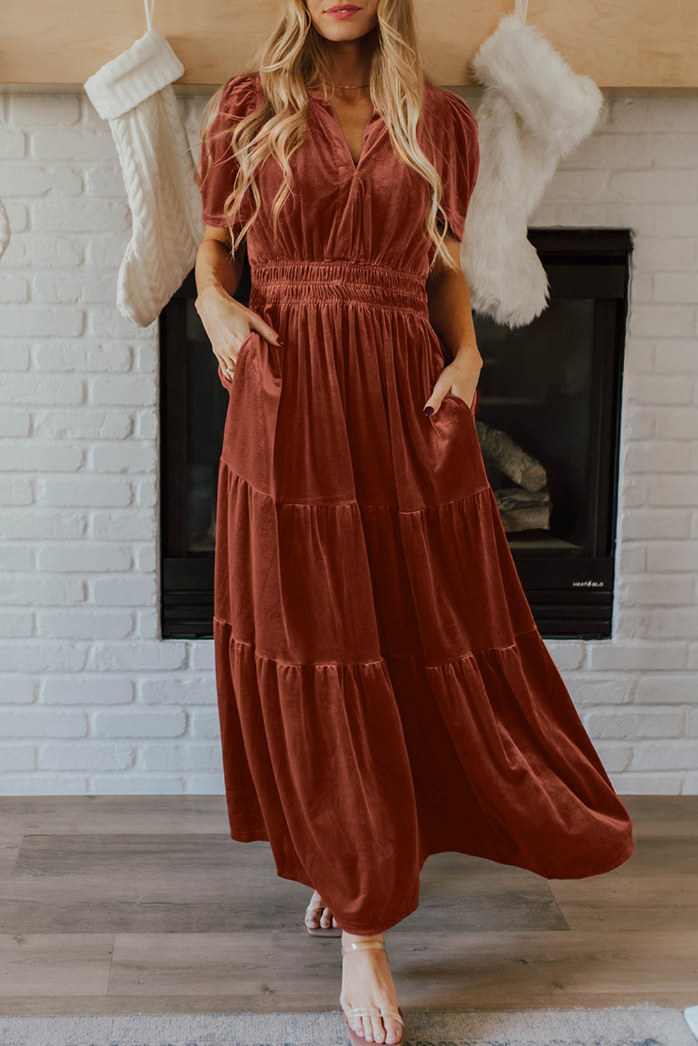 Red Dahlia velvet maxi dress by ModestAndDevoted featuring short sleeves, shirred waist, and tiered skirt in a soft, elegant fabric.