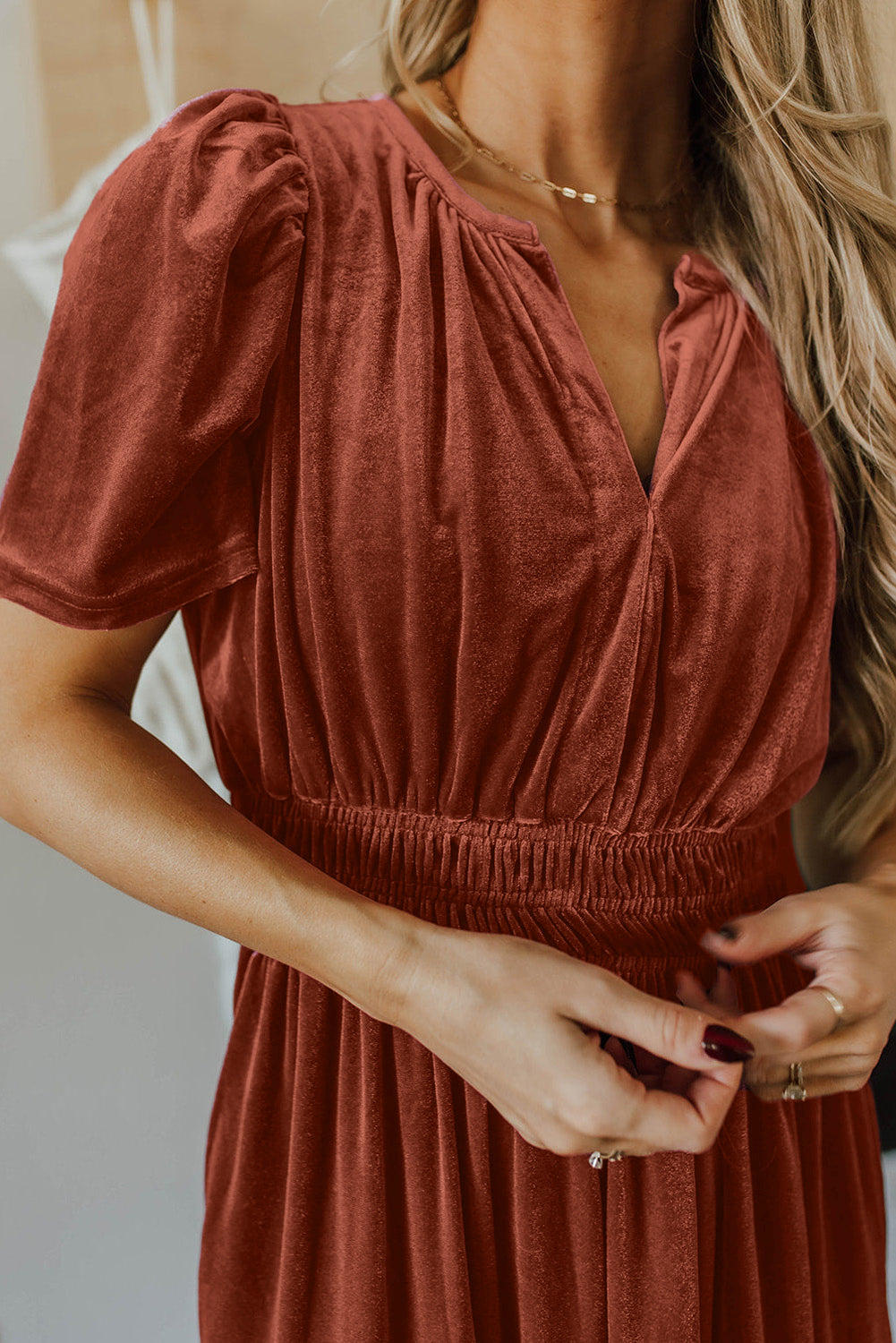 Red Dahlia velvet maxi dress by ModestAndDevoted featuring short sleeves, shirred waist, and tiered design for elegant style.