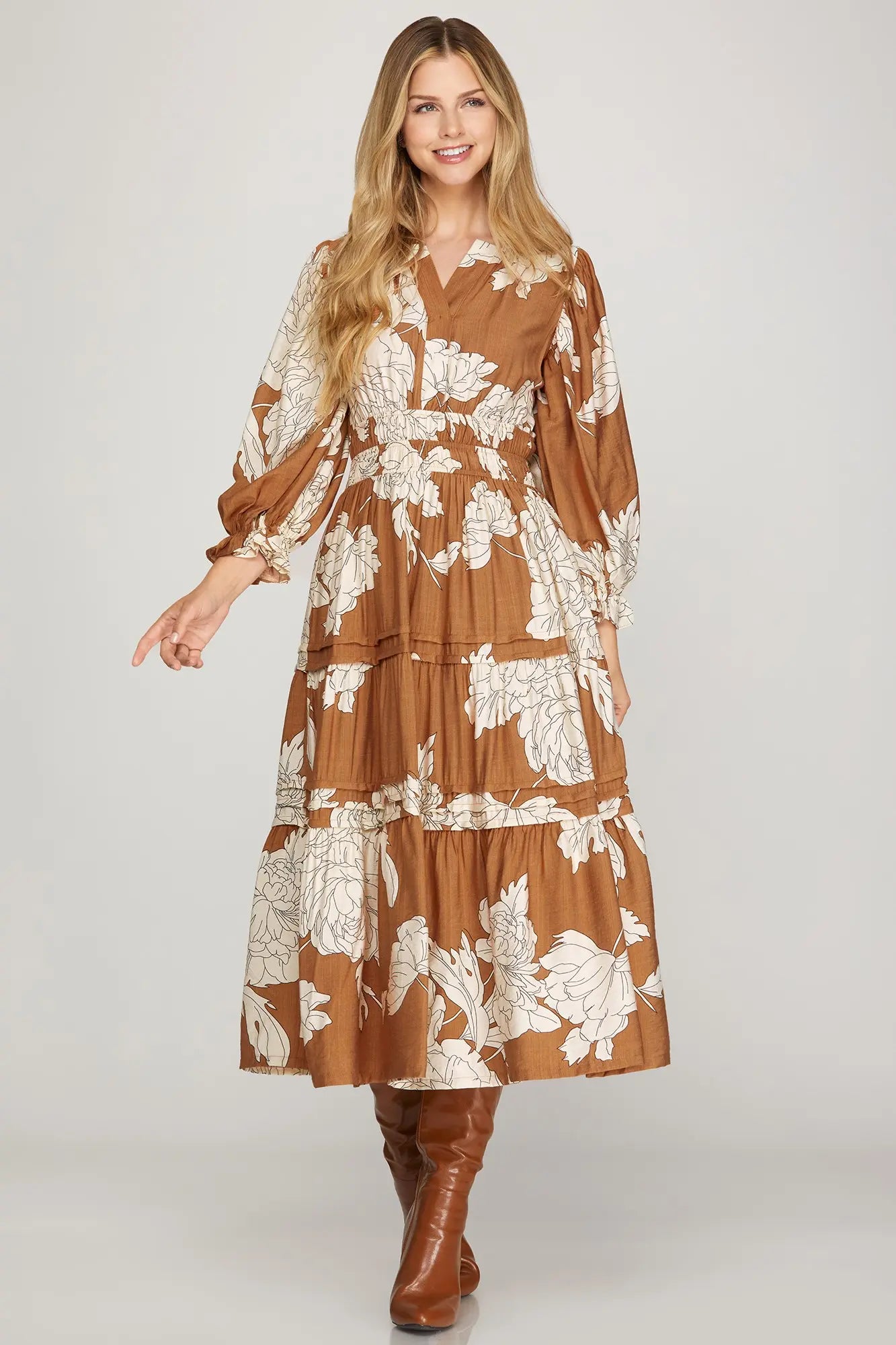 Plus Pintuck Tiered Floral Print Dress in caramel by ModestAndDevoted, featuring a flowing maxi dress with floral patterns and tiered design.