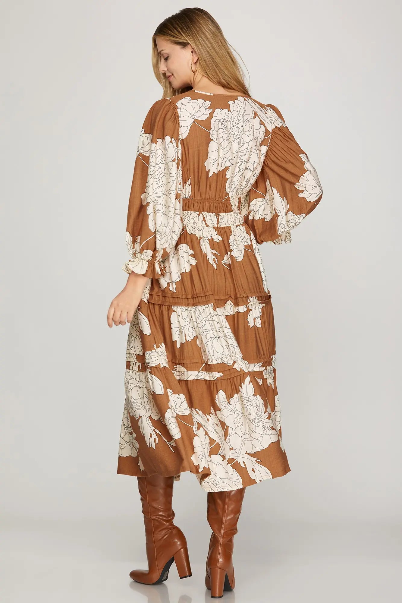 Plus Pintuck Tiered Floral Print Dress in caramel by ModestAndDevoted, featuring a flowing maxi dress design with tiered layers and floral pattern.
