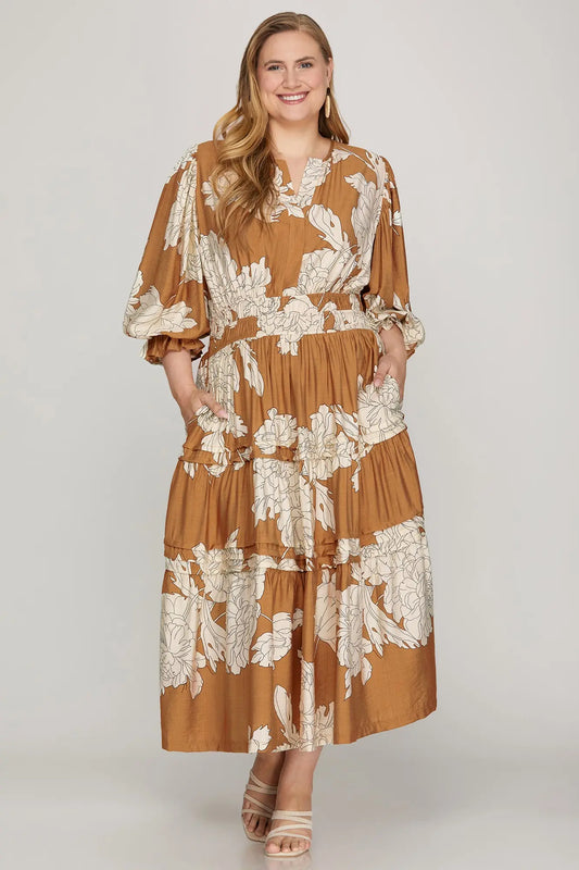 Plus Pintuck Tiered Floral Print Dress by ModestAndDevoted, caramel maxi dress with tiered design and floral pattern.