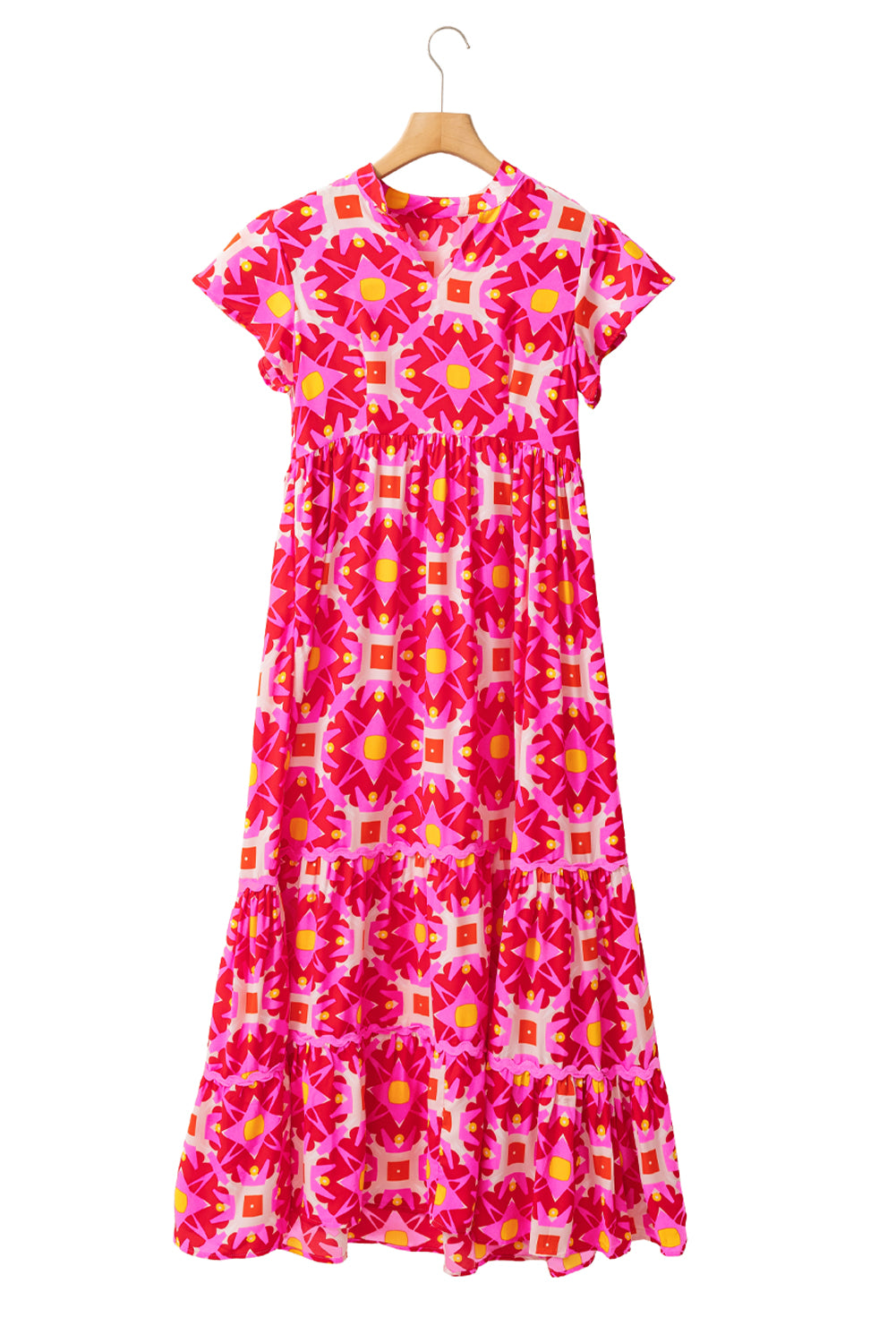 Strawberry pink geo print V-neck maxi dress by ModestAndDevoted, featuring a flowy design and polyester fabric.