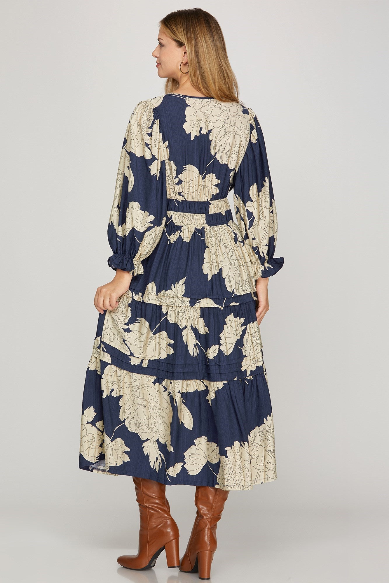 Navy Pintuck Tiered Floral Print Dress by ModestAndDevoted, maxi dress with layered tiers and elegant floral pattern.