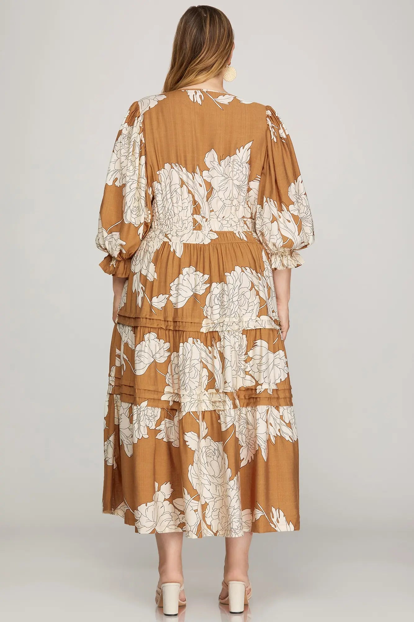 Plus Pintuck Tiered Floral Print Dress from ModestAndDevoted, caramel maxi dress with tiered design and floral pattern.