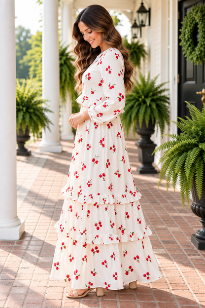 Cherry Delight Ruffle Tiered Maxi Dress by ModestAndDevoted, featuring a flowing silhouette with ruffle tiers and cherry print fabric.