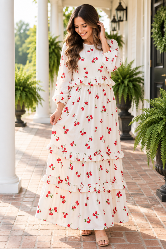 Cherry Delight Ruffle Tiered Maxi Dress by ModestAndDevoted, featuring a flowy silhouette with ruffle details and tiered design.