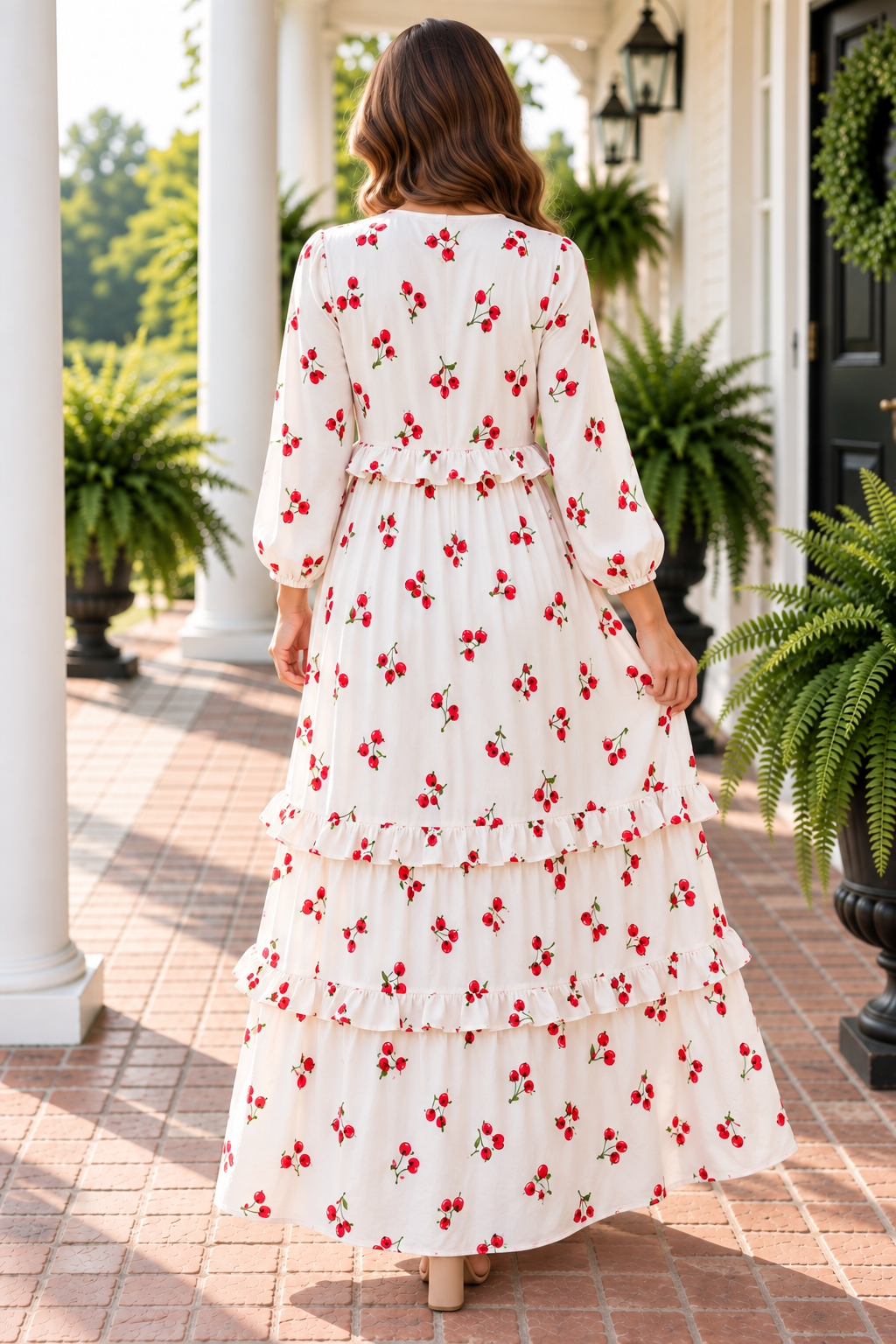 Cherry Delight ruffle tiered maxi dress by ModestAndDevoted displayed with flowing fabric and tiered ruffle details.