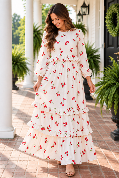 Cherry Delight ruffle tiered maxi dress by ModestAndDevoted, featuring a flowing silhouette with ruffle details and tiered layers.