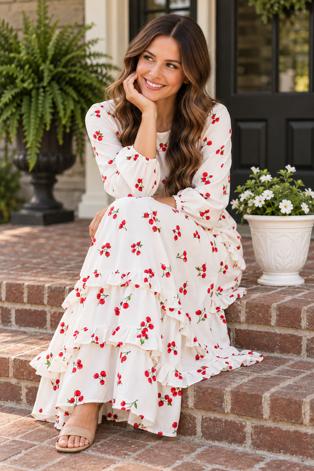 Cherry Delight ruffle tiered maxi dress by ModestAndDevoted, featuring floral print, ruffled sleeves, and flowing layered skirt.