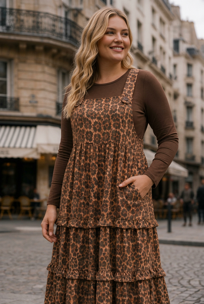 A woman wearing a brown leopard-print tiered pinafore dress over a solid brown long-sleeve top, standing in an outdoor city street setting.