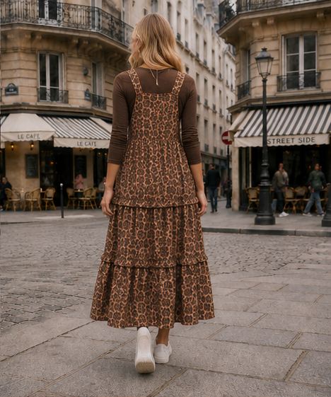 ModestAndDevoted leopard print overall jumper dress for women, featuring a comfy and cute casual dress style.