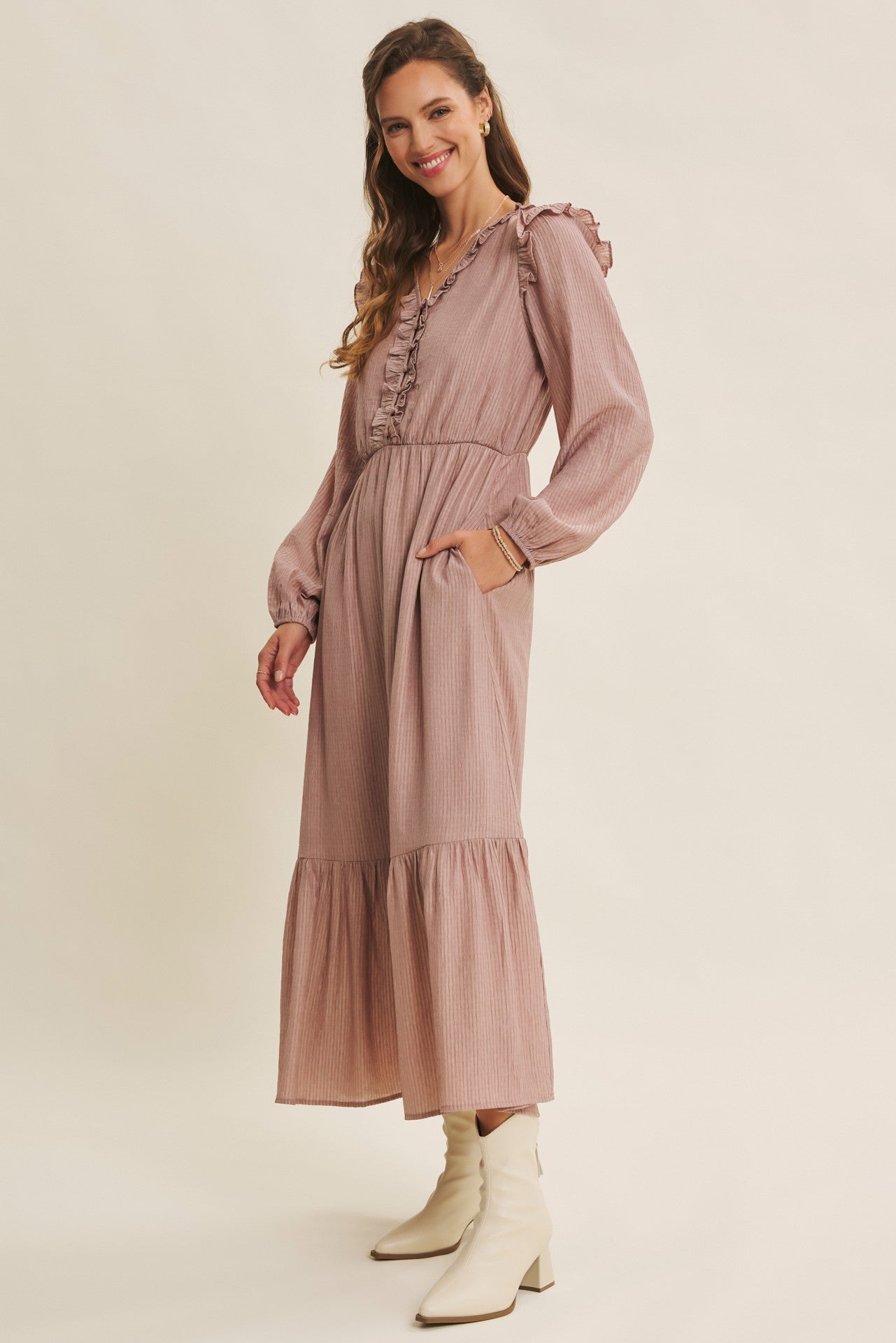 Dusty mauve Romantic Twist Of Texture button-down maxi dress by ModestAndDevoted, featuring elegant textured fabric and flowing silhouette.