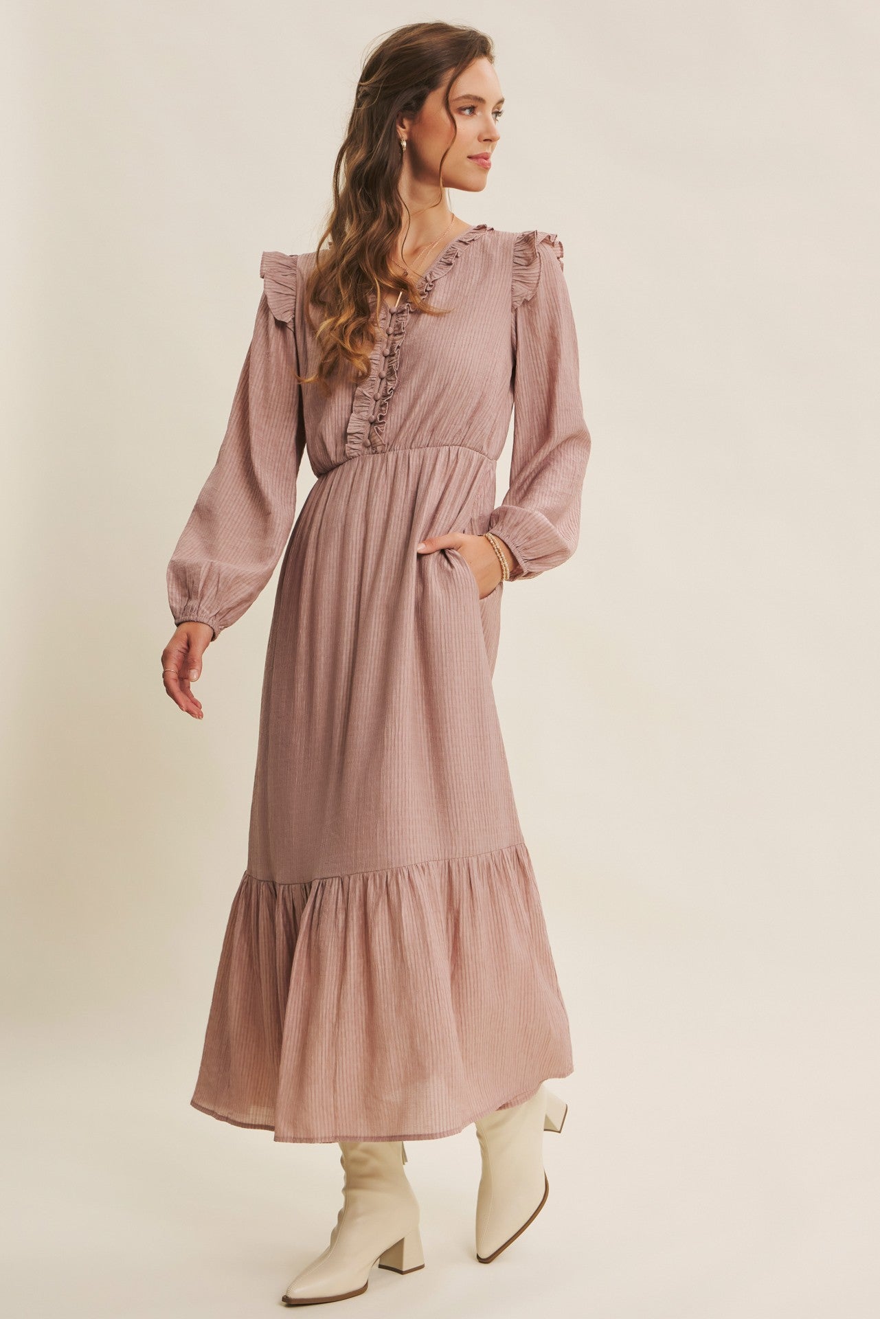 Dusty mauve Romantic Twist of Texture button-down maxi dress by ModestAndDevoted, featuring textured fabric and elegant design.