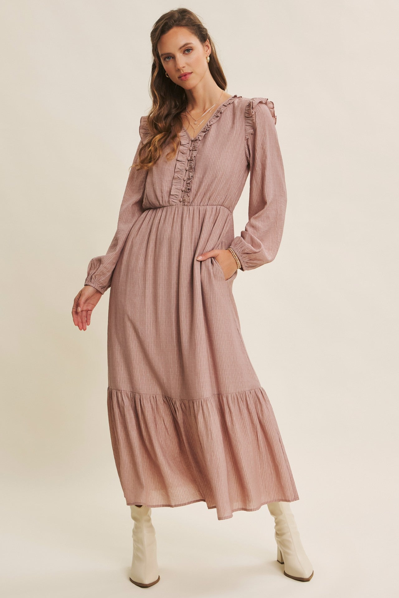 Dusty mauve romantic twist maxi dress by ModestAndDevoted featuring textured fabric and button-down front, perfect for elegant occasions.