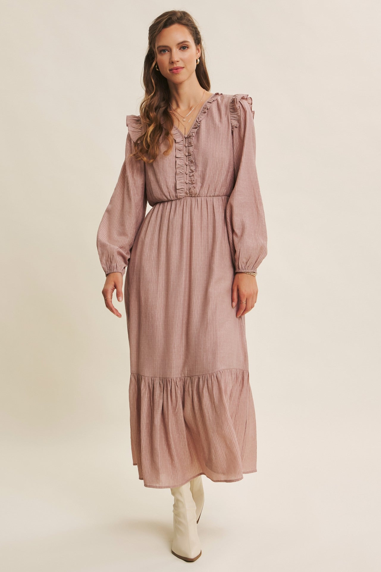 Dusty mauve Romantic Twist of Texture button-down maxi dress by ModestAndDevoted, featuring textured fabric and elegant design.