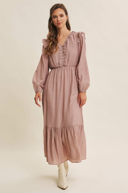 Dusty mauve Romantic Twist of Texture button-down maxi dress by ModestAndDevoted, featuring textured fabric and elegant design.