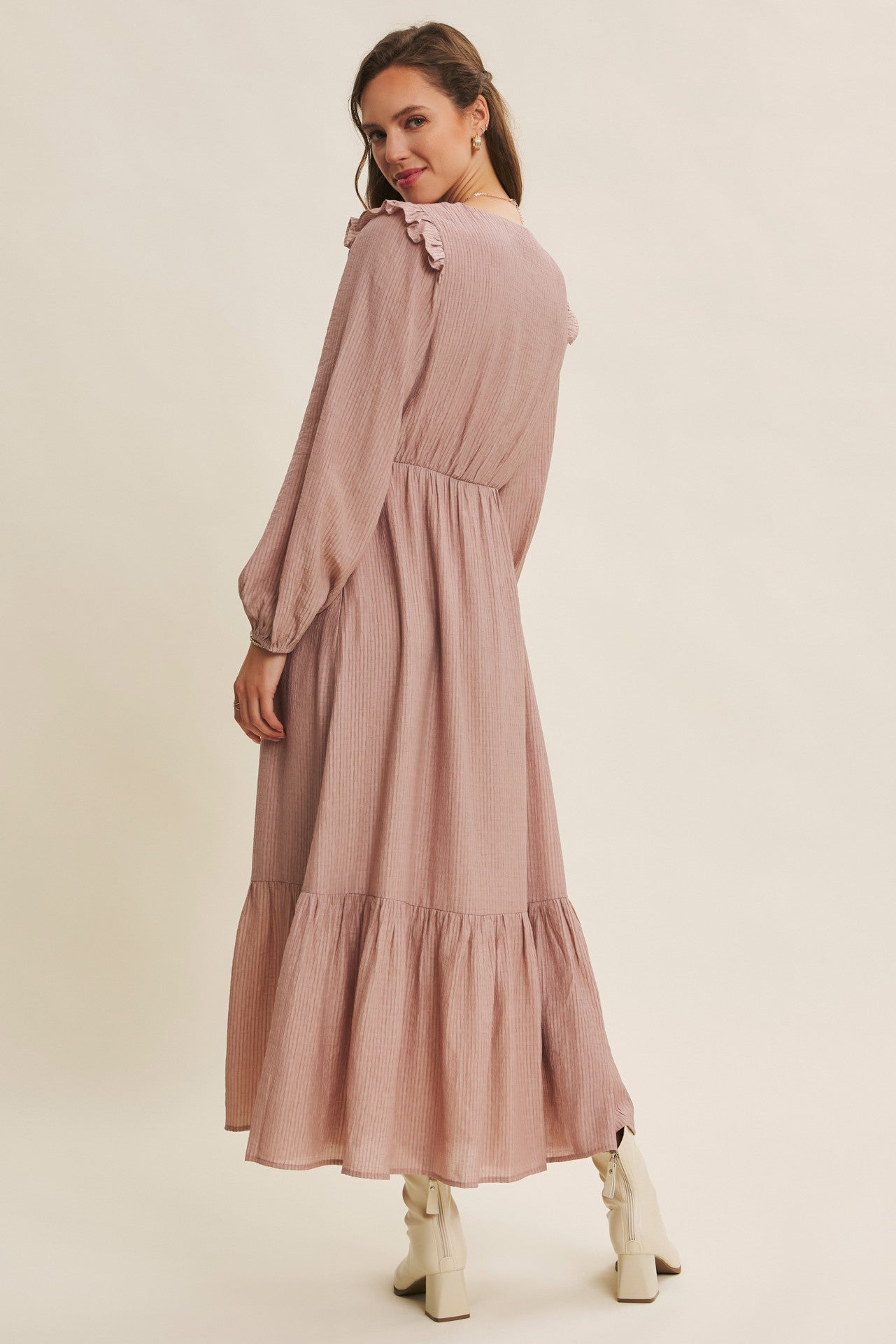 Dusty mauve Romantic Twist of Texture button-down maxi dress by ModestAndDevoted, featuring elegant design and flowing fabric.
