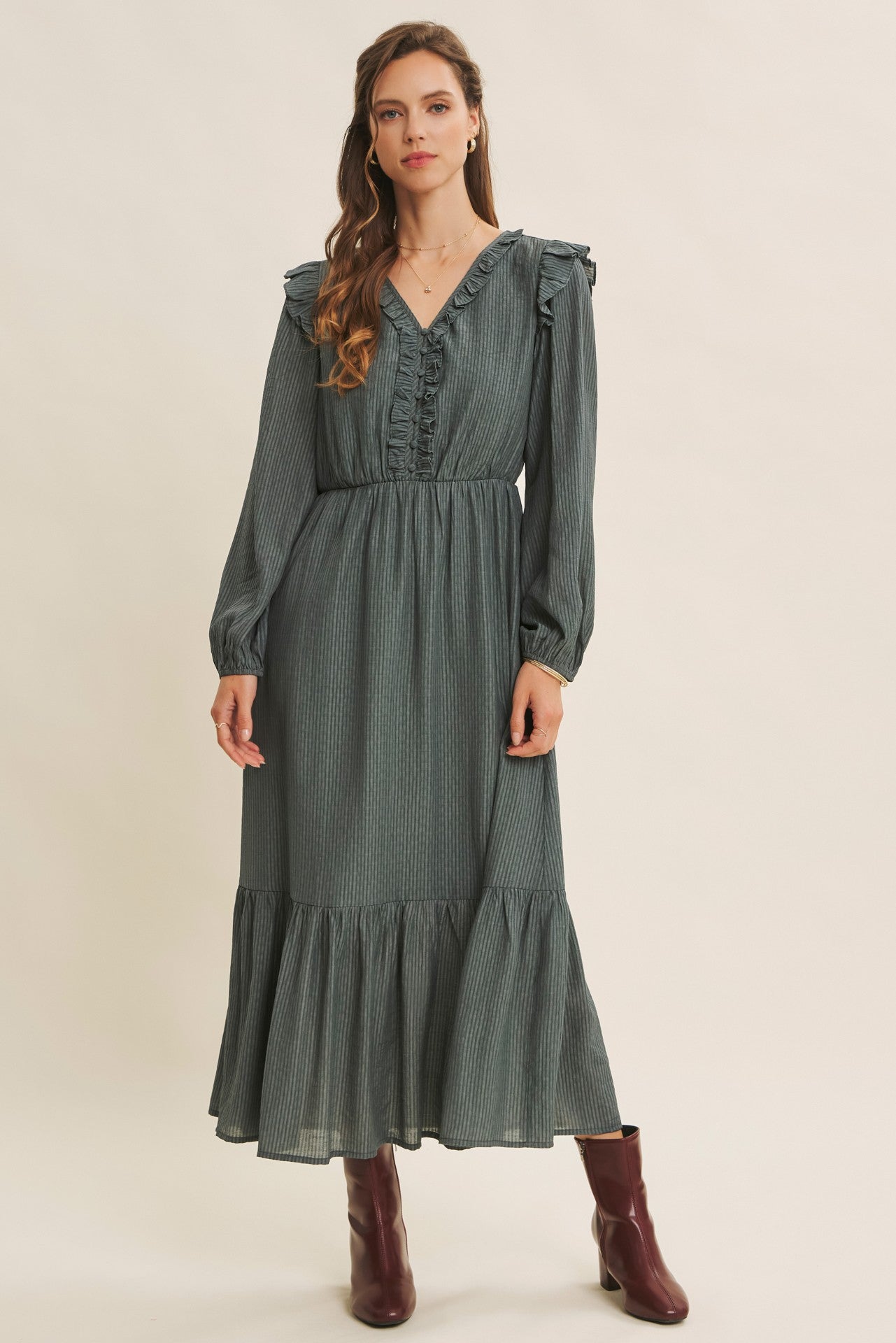 Dusty mauve Romantic Twist of Texture button-down maxi dress by ModestAndDevoted, featuring elegant fabric and flowing design.