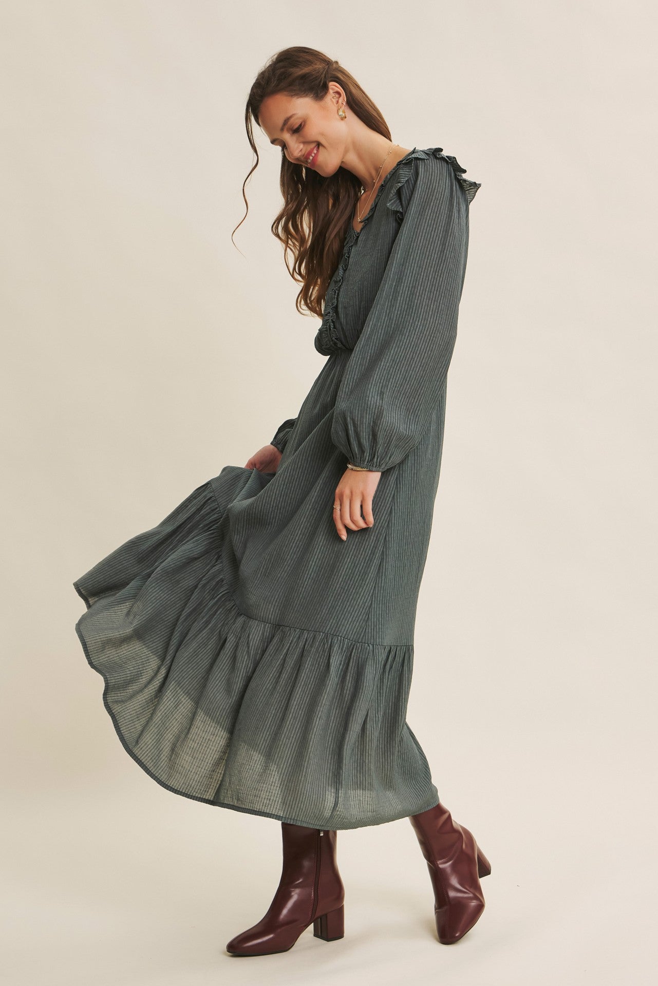 Dusty mauve Romantic Twist of Texture button-down maxi dress by ModestAndDevoted, featuring elegant textured fabric and flowy design.