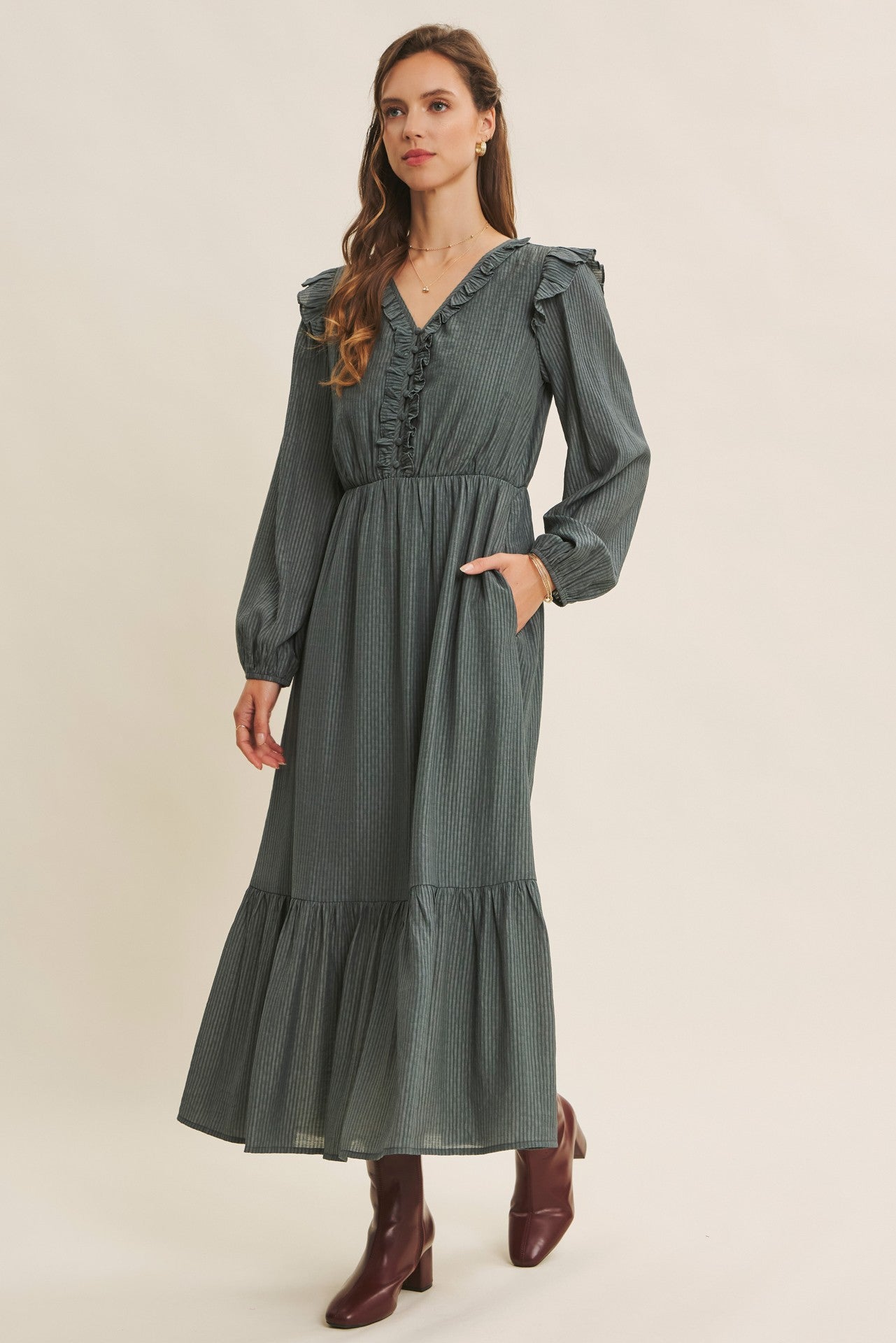 Dusty mauve Romantic Twist of Texture button-down maxi dress by ModestAndDevoted, flowing fabric with textured details.