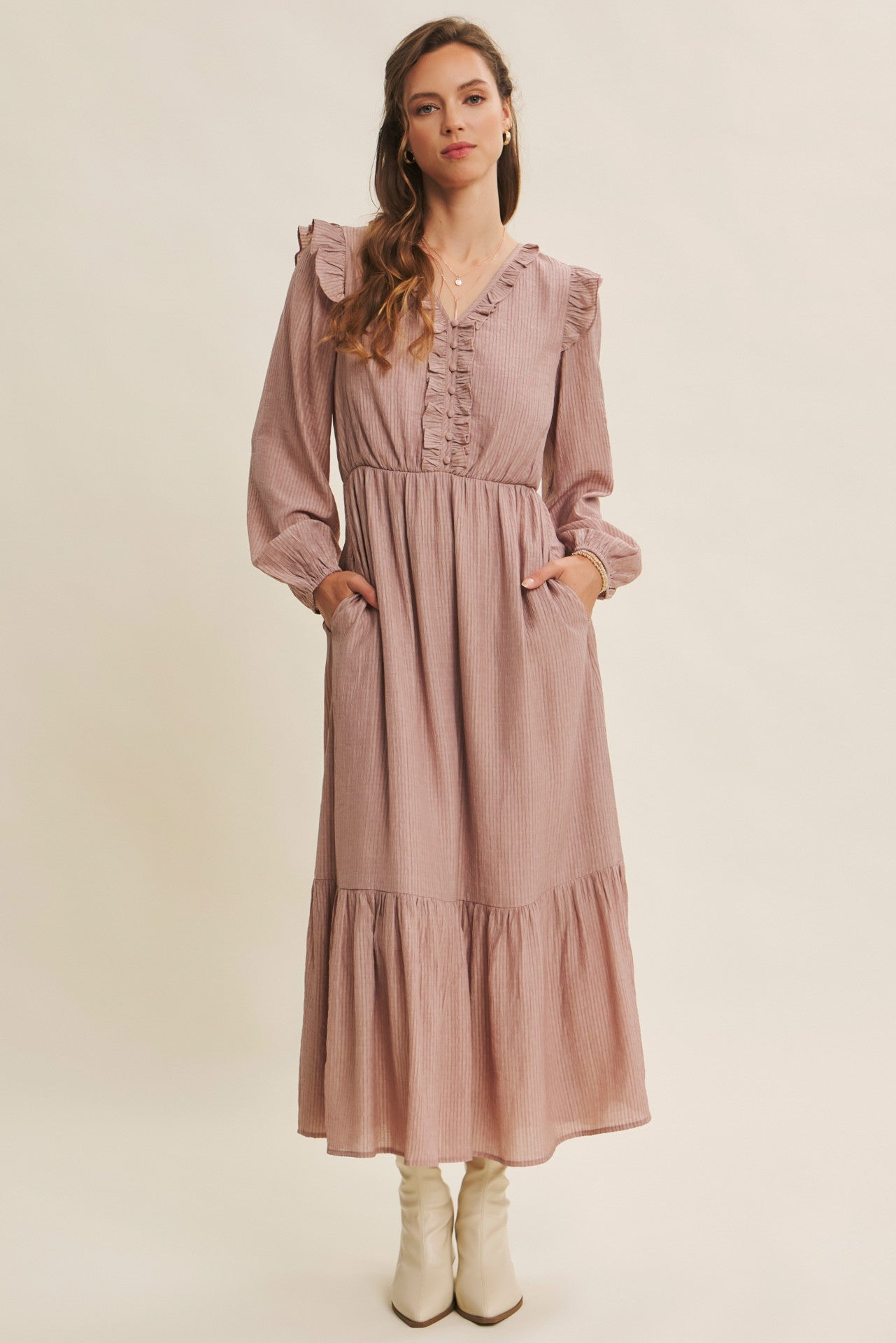Dusty mauve Romantic Twist Of Texture button-down maxi dress by ModestAndDevoted, featuring elegant textured fabric and flowing silhouette.