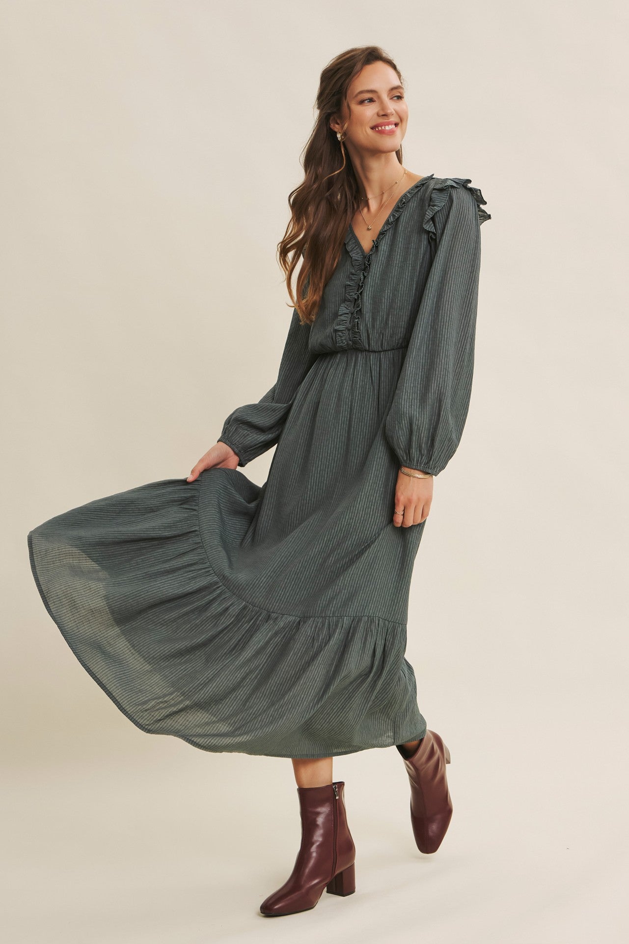 Dusty mauve Romantic Twist of Texture button-down maxi dress by ModestAndDevoted, featuring elegant fabric and flowing design.