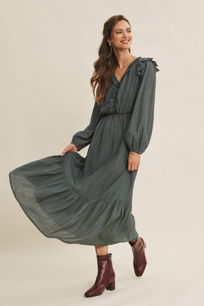 Dusty mauve Romantic Twist of Texture button-down maxi dress by ModestAndDevoted, featuring elegant fabric and flowing design.
