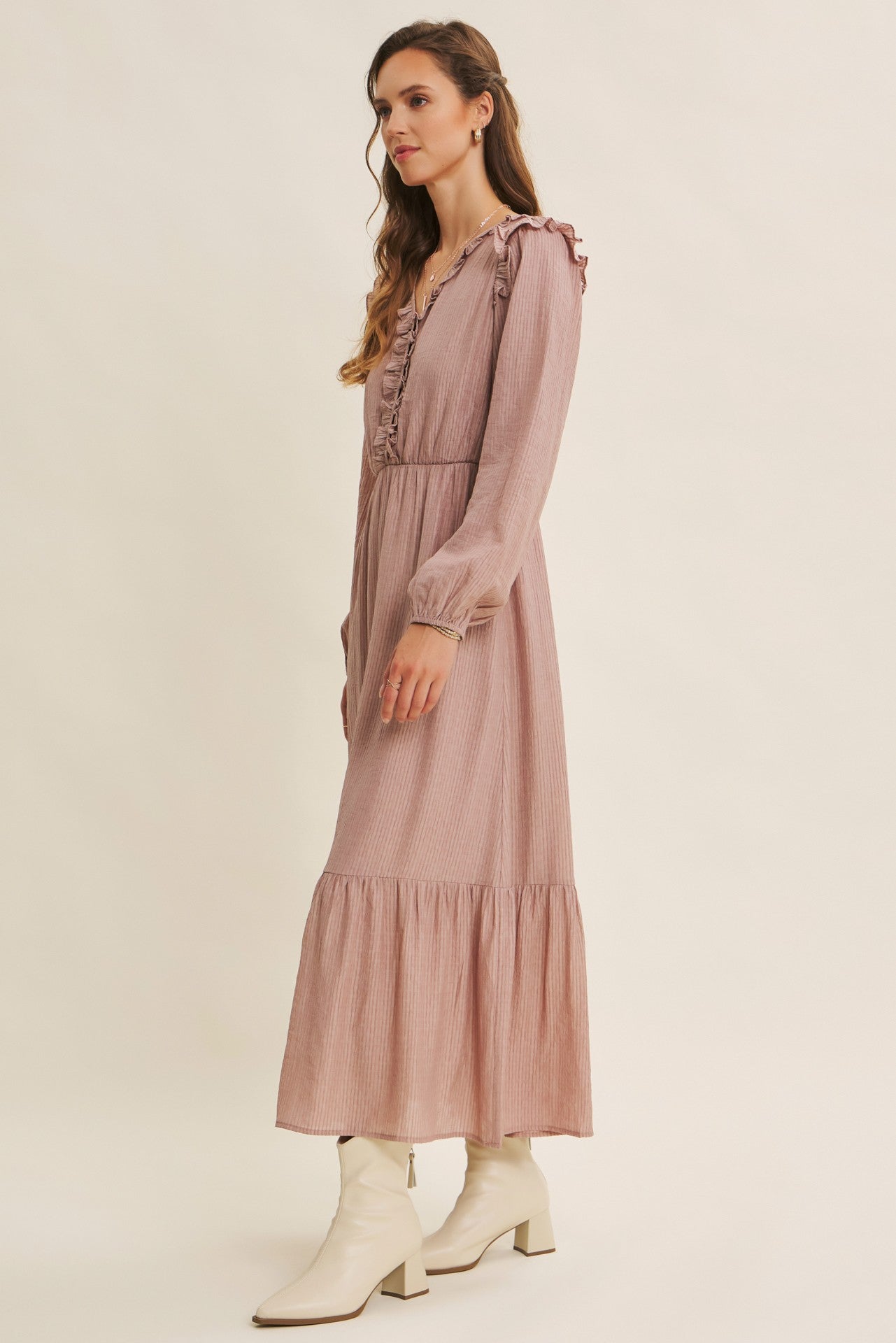 Dusty mauve Romantic Twist of Texture button-down maxi dress by ModestAndDevoted, showcasing elegant fabric and flowing silhouette.