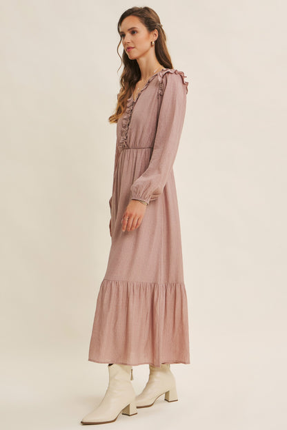 Dusty mauve Romantic Twist of Texture button-down maxi dress by ModestAndDevoted, showcasing elegant fabric and flowing silhouette.