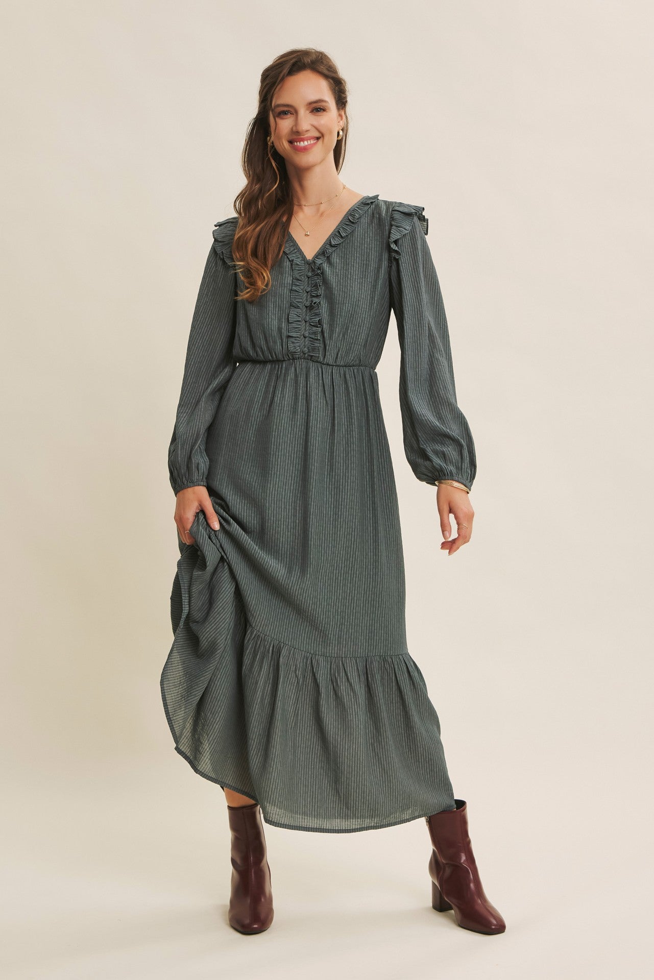 Dusty mauve romantic twist texture button-down maxi dress by ModestAndDevoted, featuring flowing fabric and elegant design.