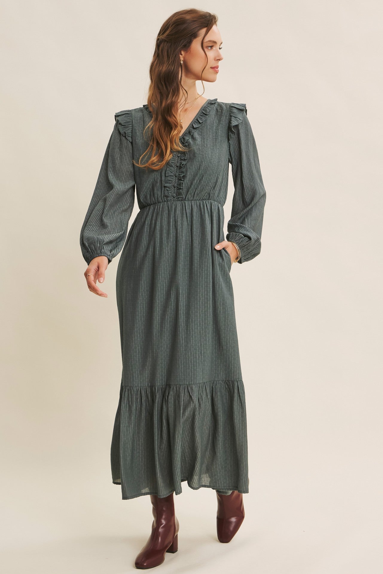 Dusty mauve Romantic Twist of Texture button-down maxi dress by ModestAndDevoted, featuring a flowing silhouette and textured fabric.