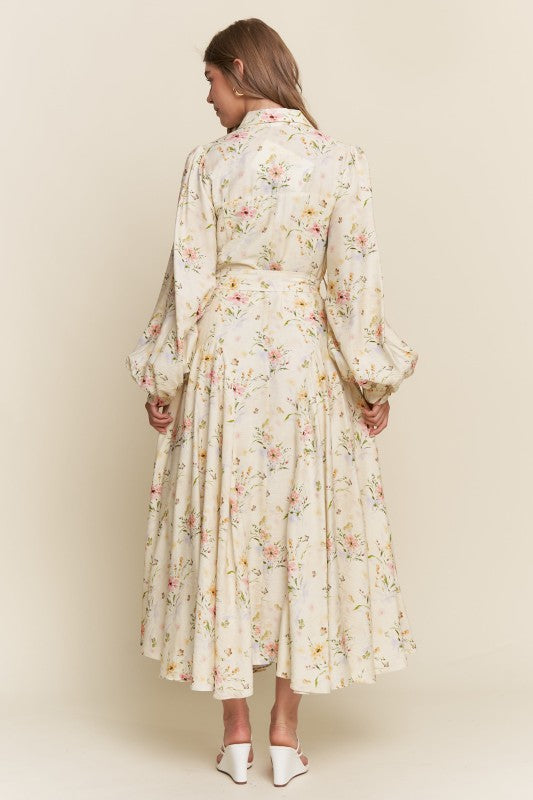 ModestAndDevoted Enchanted Garden floral maxi dress with button-down front, flowing fabric, and garden-inspired floral pattern.