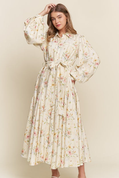 ModestAndDevoted floral maxi dress with button-down front featuring an enchanted garden floral pattern, flowing and elegant.