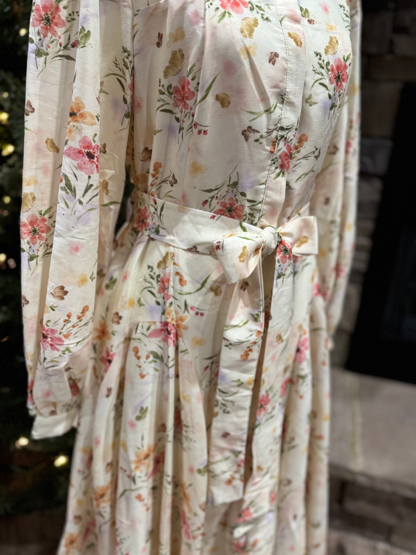ModestAndDevoted Enchanted Garden floral maxi dress with button-down front, elegant garden print, and flowing design.